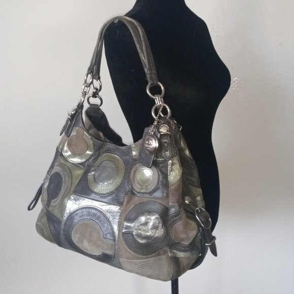 COACH *Rare* Maggie Mia Inlaid C Hobo Bag #15770 Gray Brown Silver Leather - Picture 1 of 16